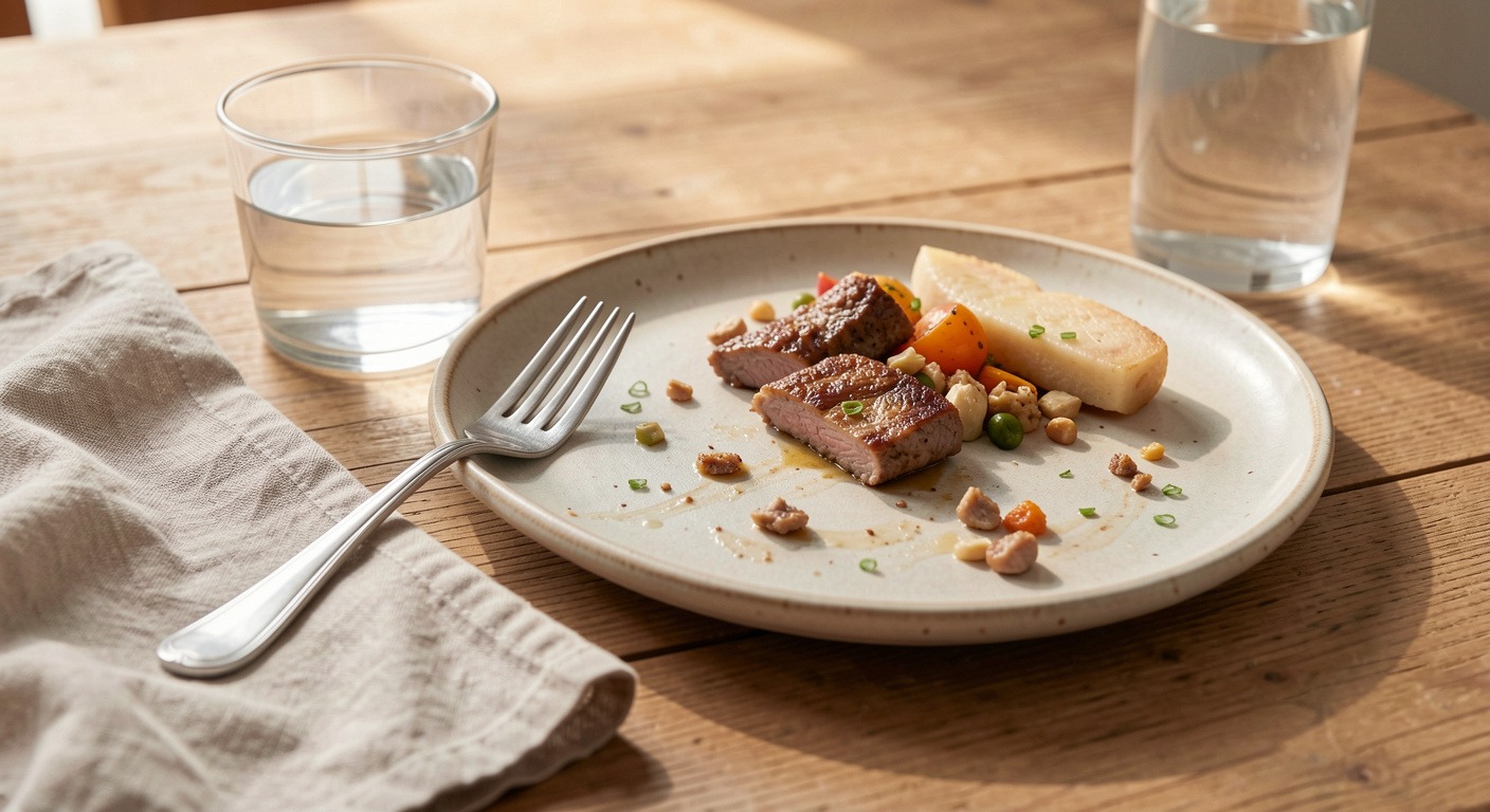 A fork resting beside a half-finished meal — the mindful pause during eating to check in with hunger and fullness