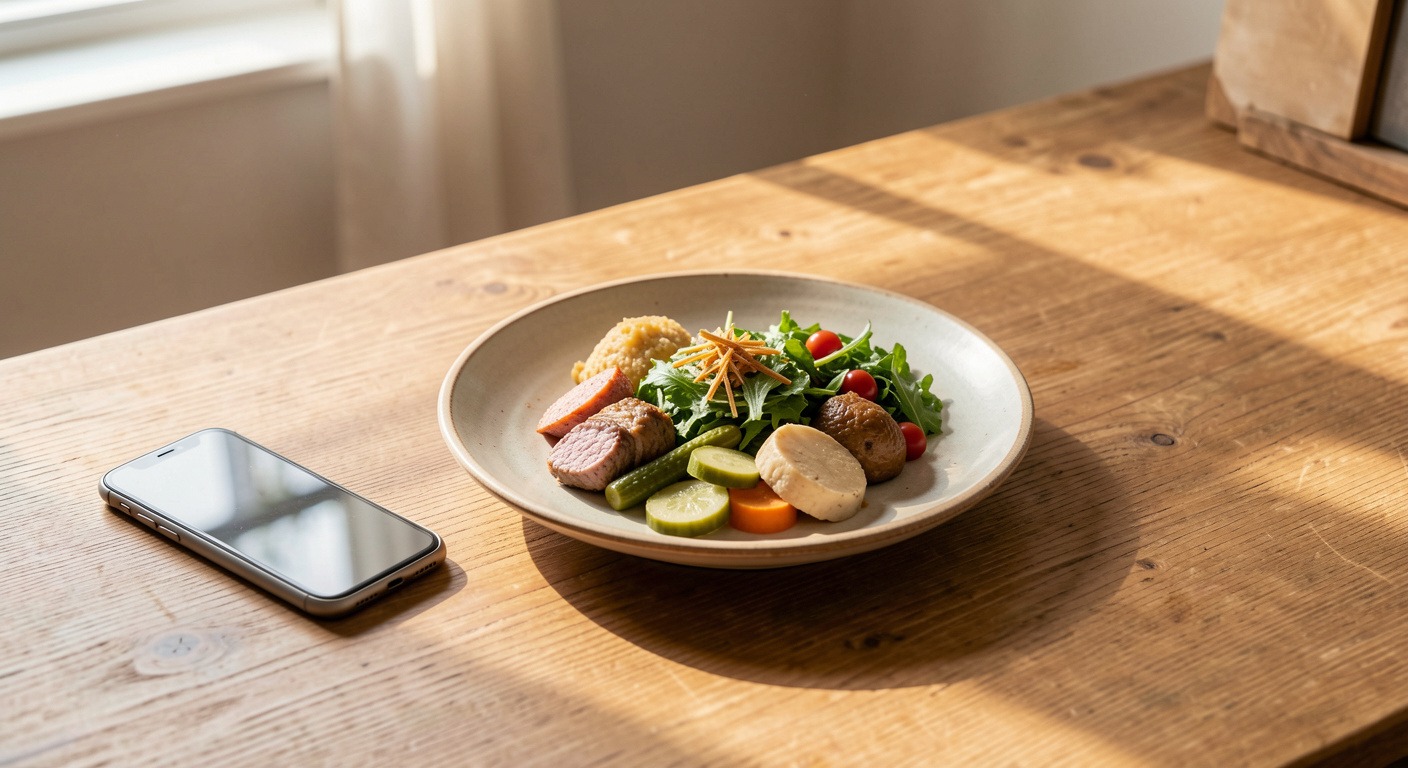 A quiet meal at a wooden desk with a phone turned face-down — removing distractions for mindful eating