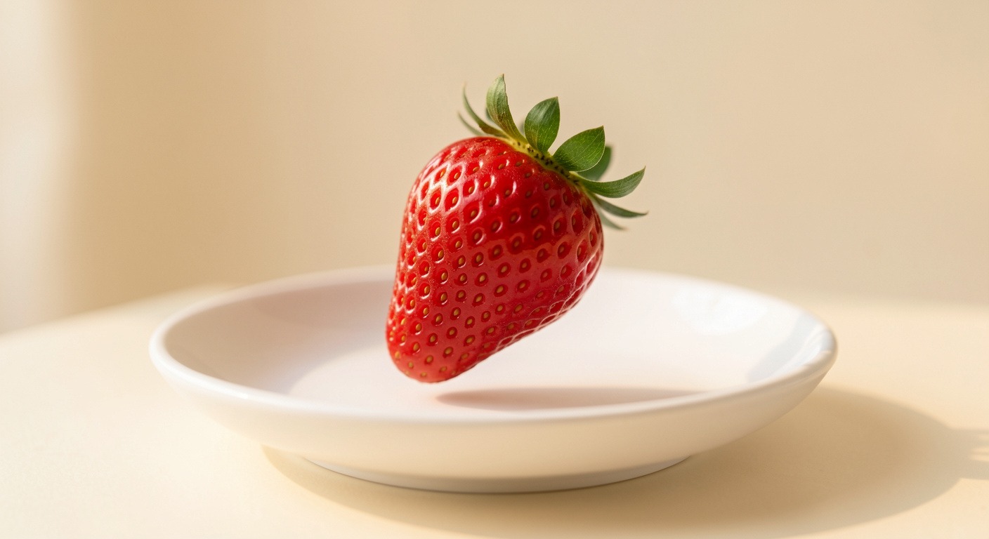 A single ripe strawberry for the one-bite mindful eating practice — noticing color, texture, and taste fully