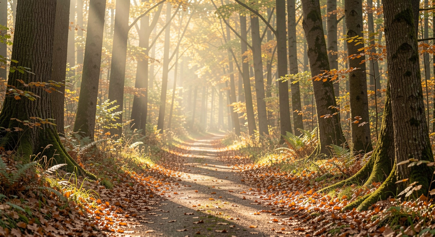 A peaceful forest path with soft morning sunlight filtering through trees — the perfect setting for mindful walking meditation