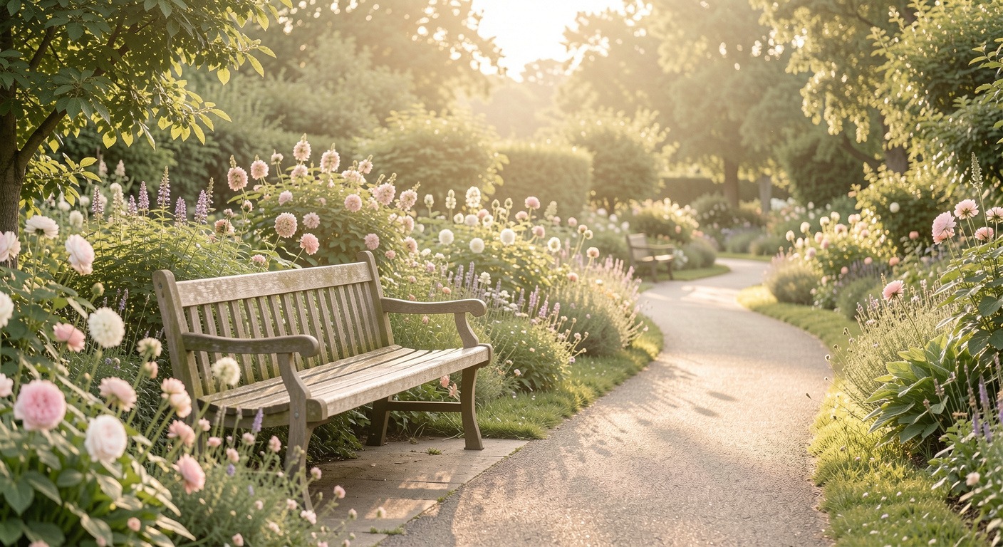 A peaceful park bench beside a garden path in golden hour light — a resting point during mindful walking practice