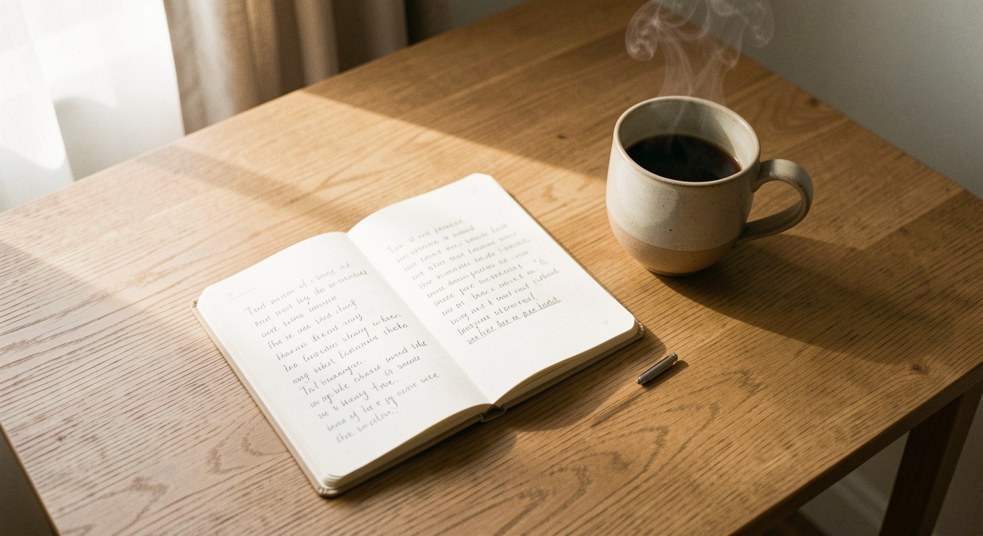 A warm wooden desk with an open notebook, a ceramic coffee mug, and a pen, bathed in soft morning window light