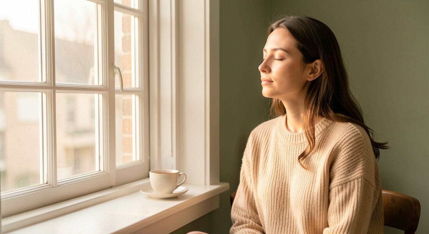 A person sitting by a window in soft morning light, practicing mindfulness and presence