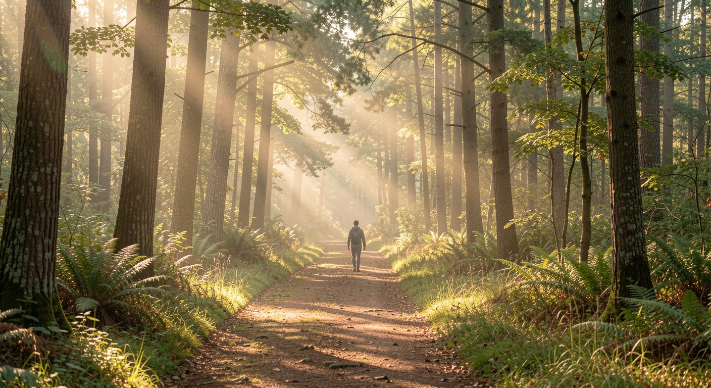 A quiet nature path through a forest with soft morning light, representing mindful presence