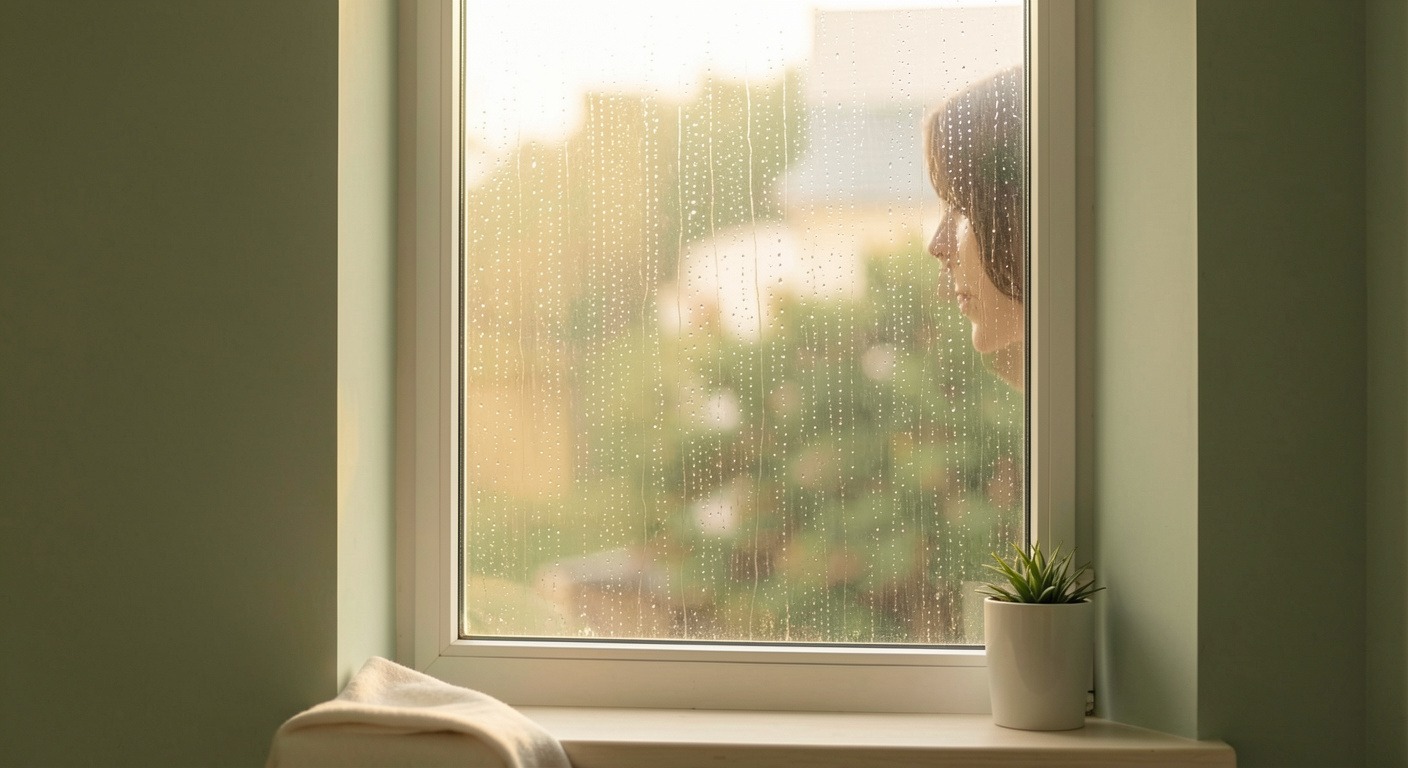 A person sitting calmly by a rain-streaked window in soft natural light, representing the RAIN meditation practice for emotional awareness.