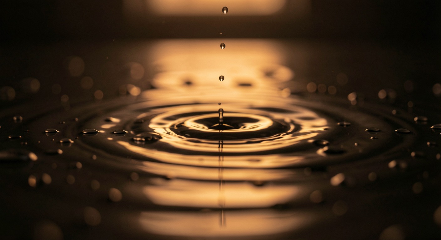 Water droplets on a dark surface creating ripples, representing emotional turbulence and the mindfulness practice of meeting difficult feelings.