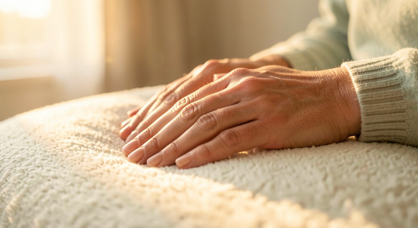 Hands resting gently in warm golden light, representing self-compassion and the Nurture step of the RAIN meditation practice.