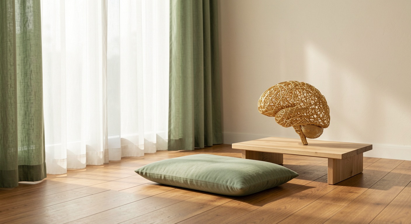 A serene minimalist meditation space with soft natural light, a single cushion on warm wooden floor, sage green and warm cream tones — calm contemplative atmosphere
