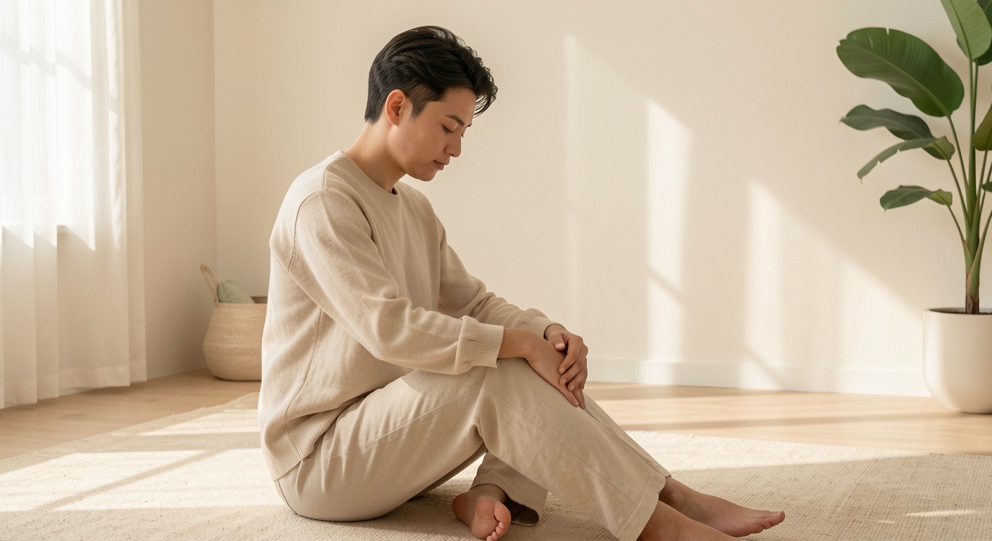 Person sitting quietly in a sunlit room, practicing the pause