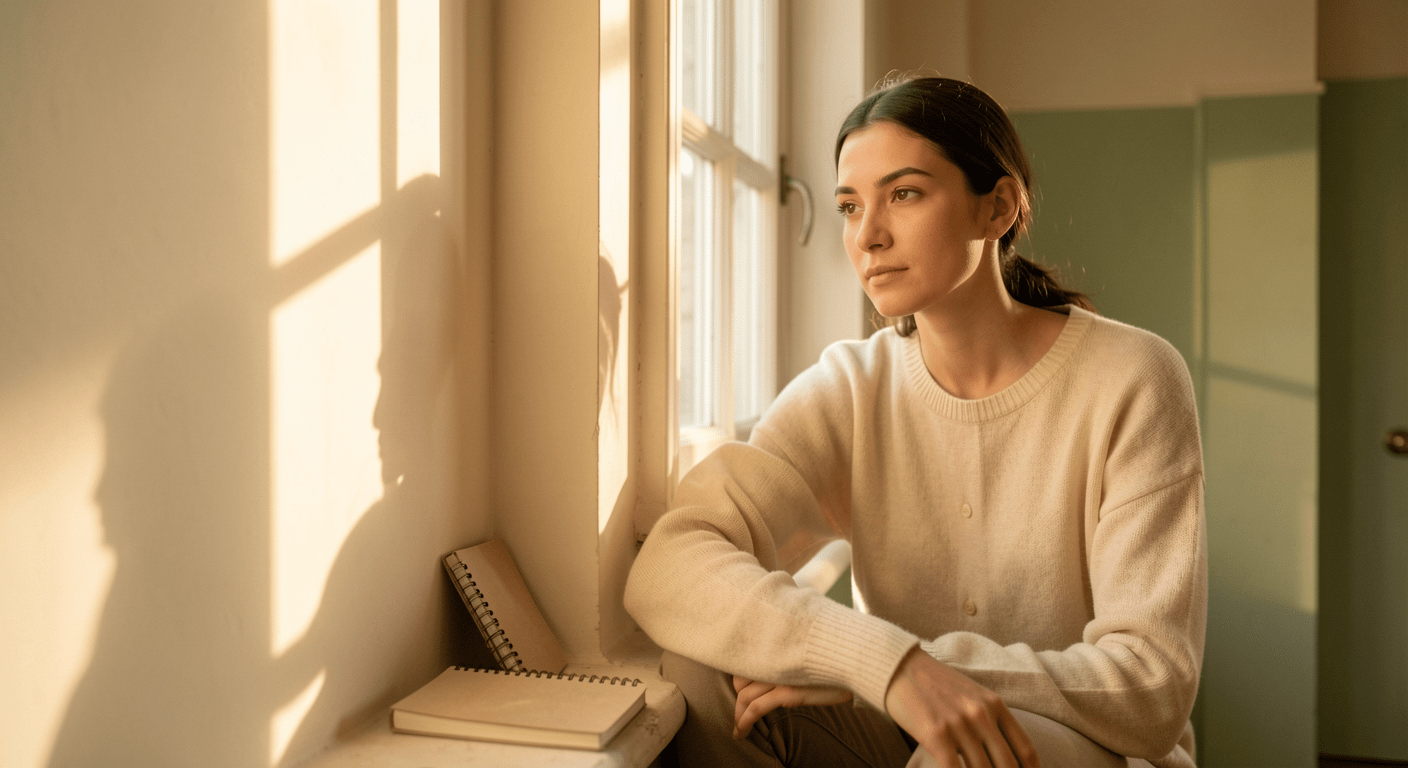 Person in quiet contemplation near a window with warm morning light - emotional triggers stoicism featured image