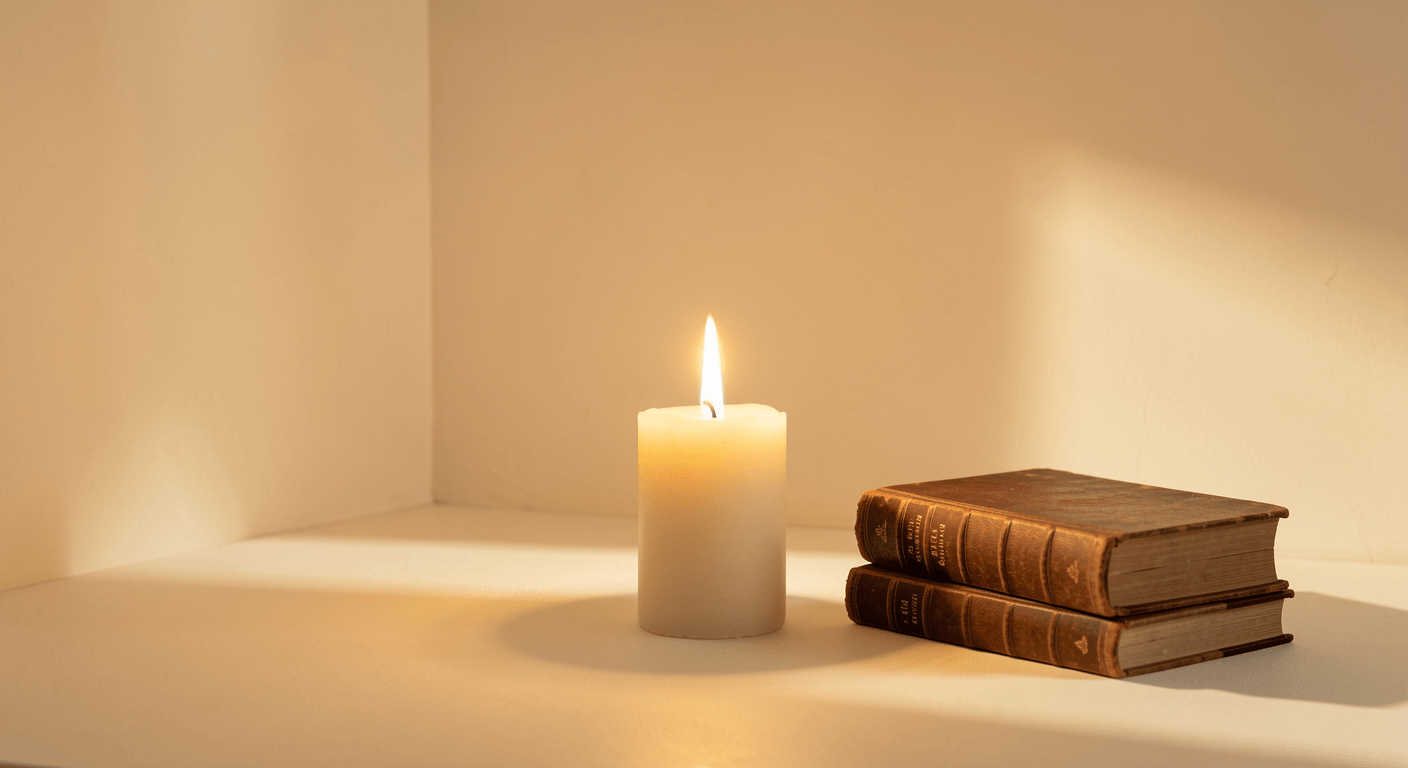 Candle burning steadily in warm cream tones representing the pause between emotional triggers