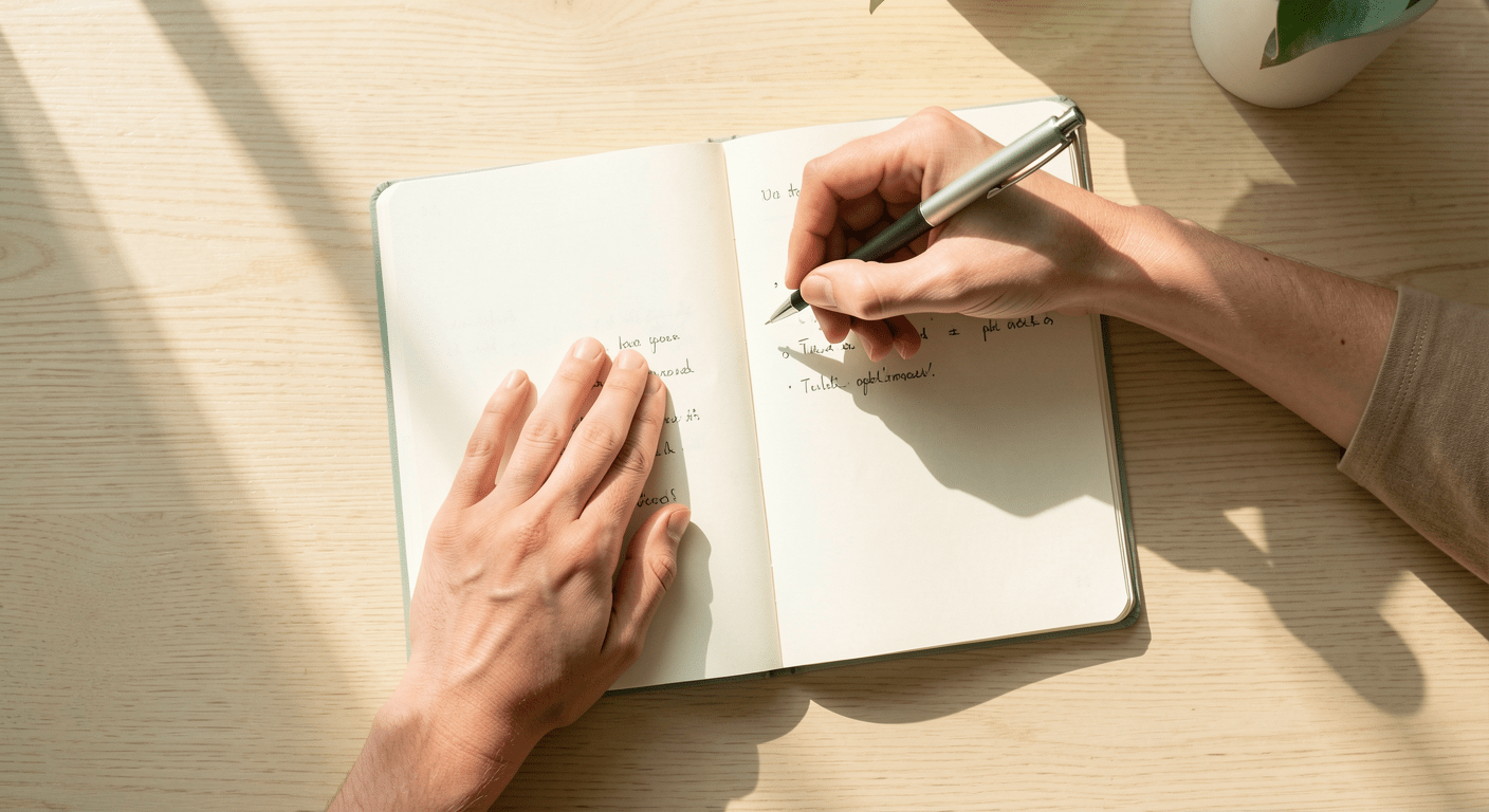 Hands resting open on a desk with notebook representing the trigger audit practice