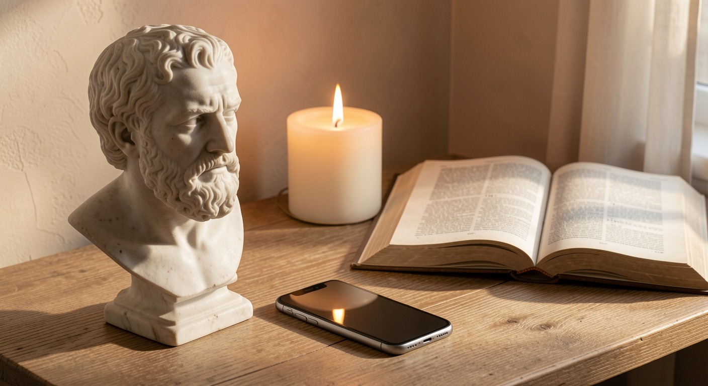 marble bust of Marcus Aurelius beside smartphone showing modern Stoicism renaissance