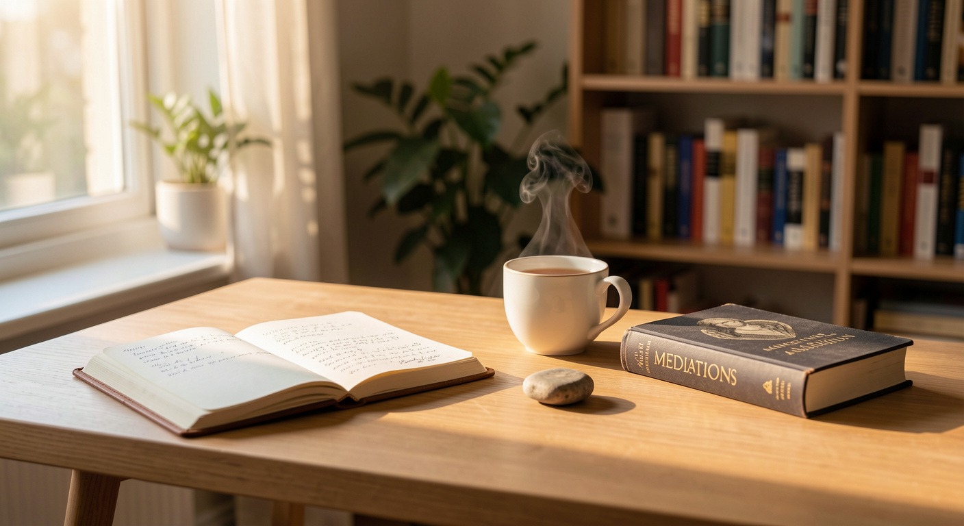 Warm morning light on a desk with Stoic philosophy books, journal, and tea - Inner Peace Control homepage