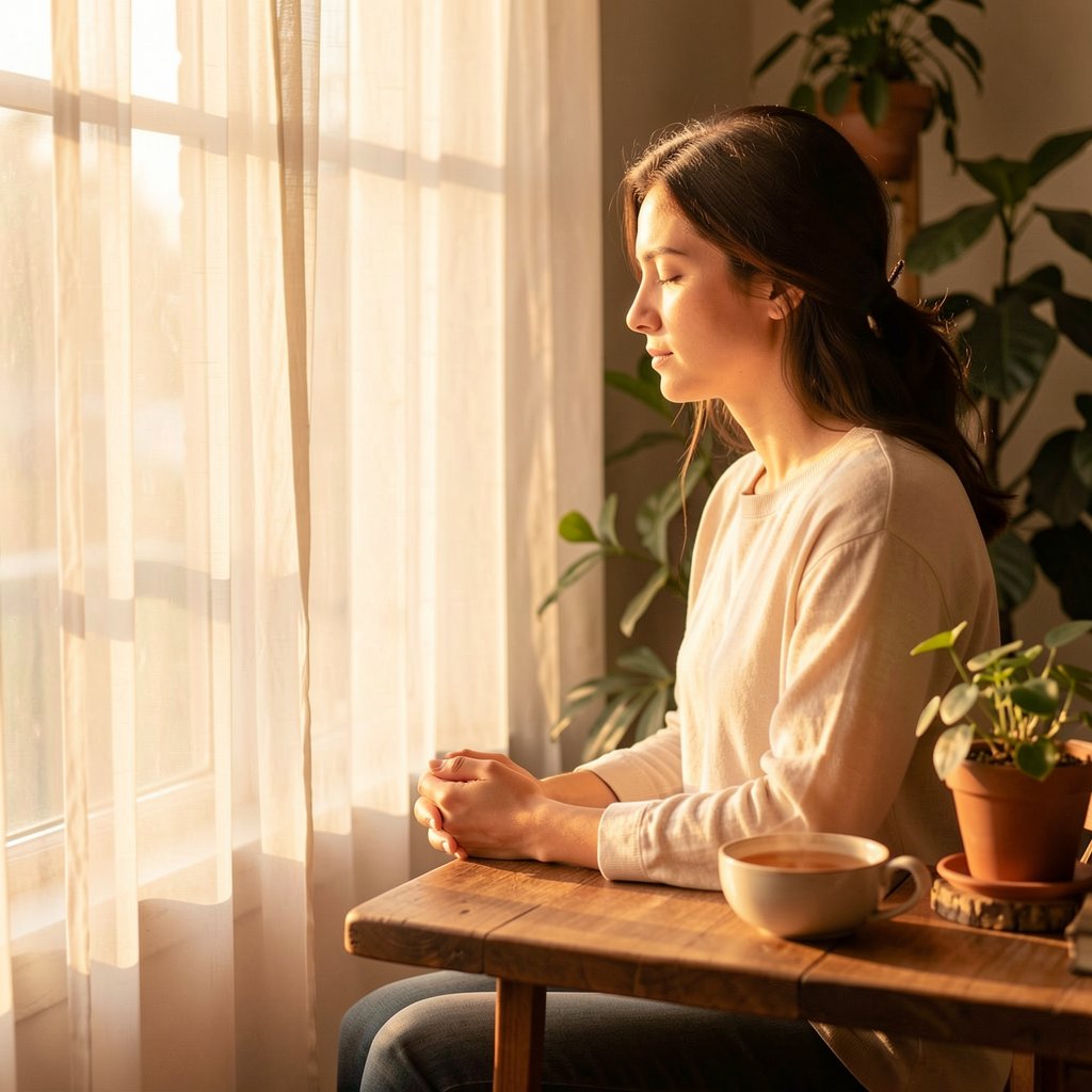 Person sitting by sunlit window in peaceful morning meditation - how to be present
