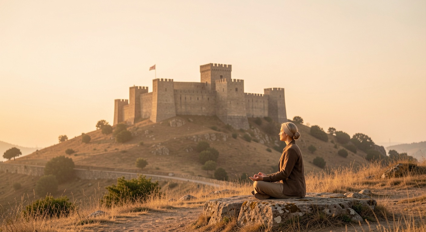 Ancient stone citadel at dawn with solitary figure in meditation — inner freedom stoic practice