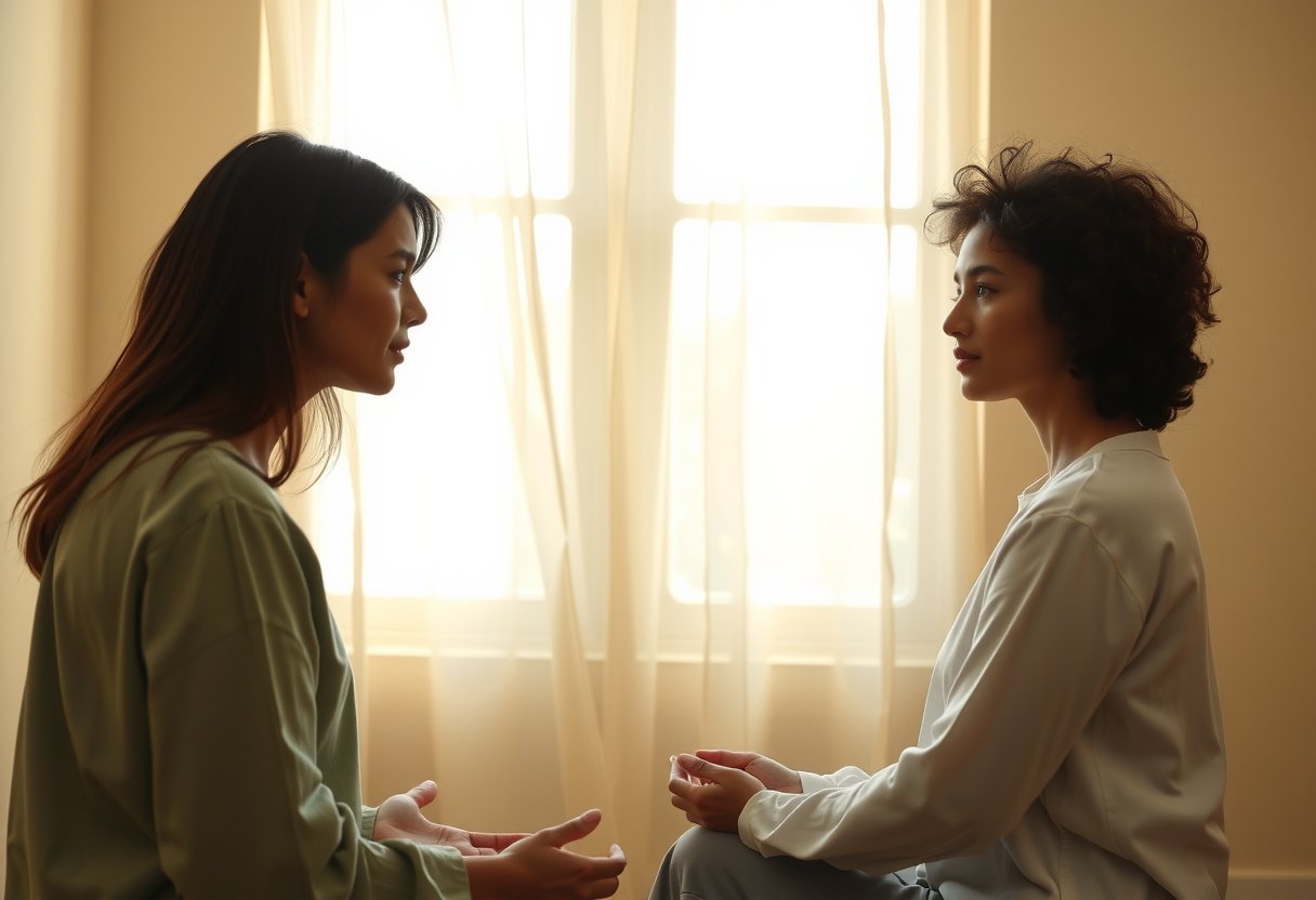 Two people in quiet conversation, one listening deeply — mindful listening practice