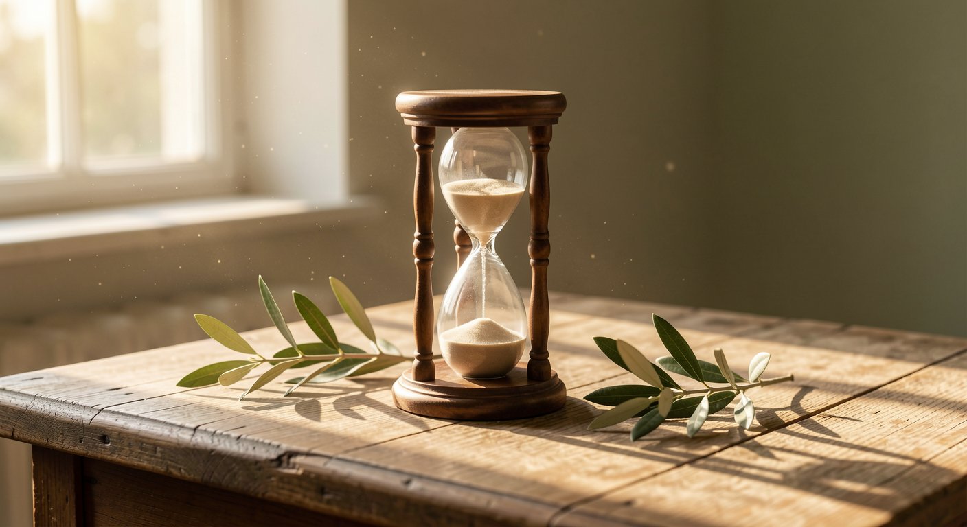 Roman hourglass on a wooden desk with morning sunlight, representing Seneca on time and the Stoic philosophy of living fully