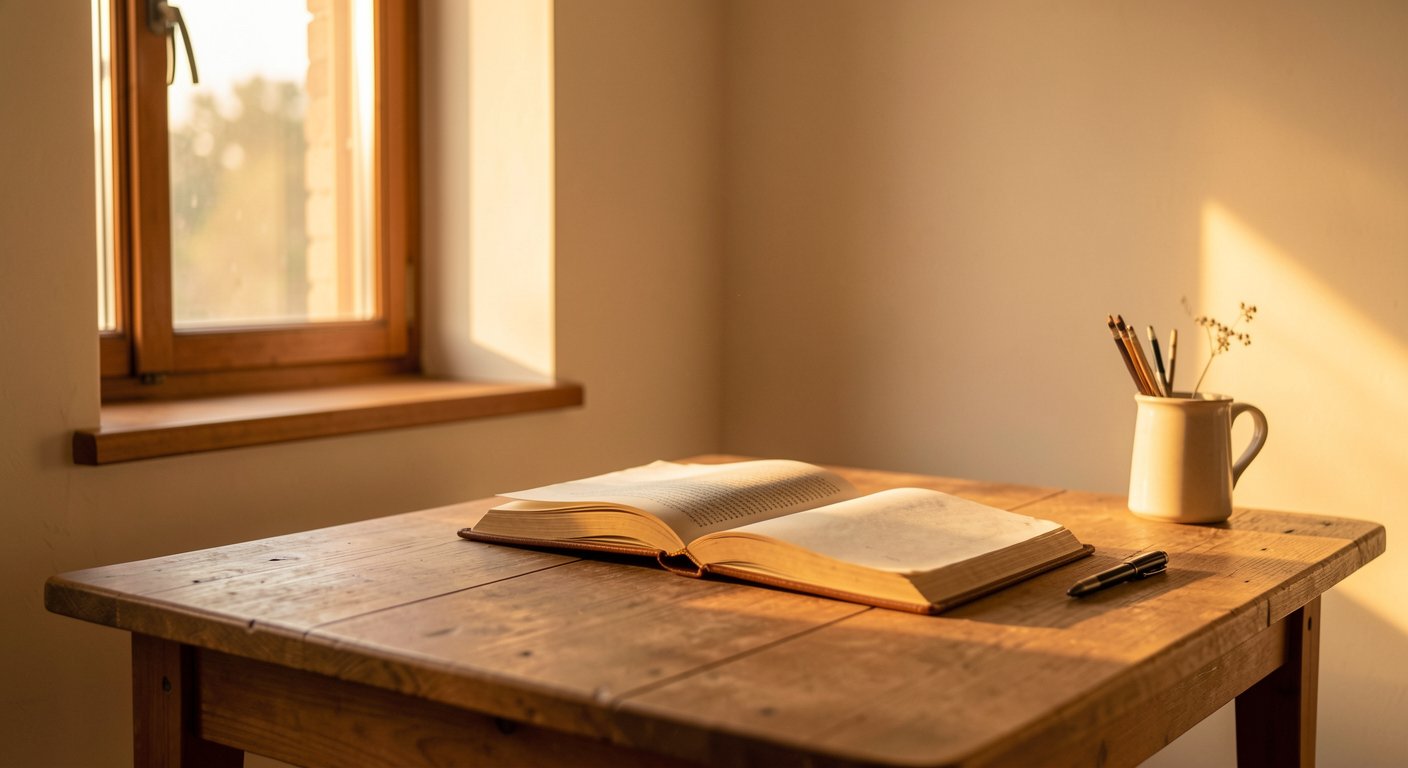 Calm morning light through window with journal — stoicism shame resilience
