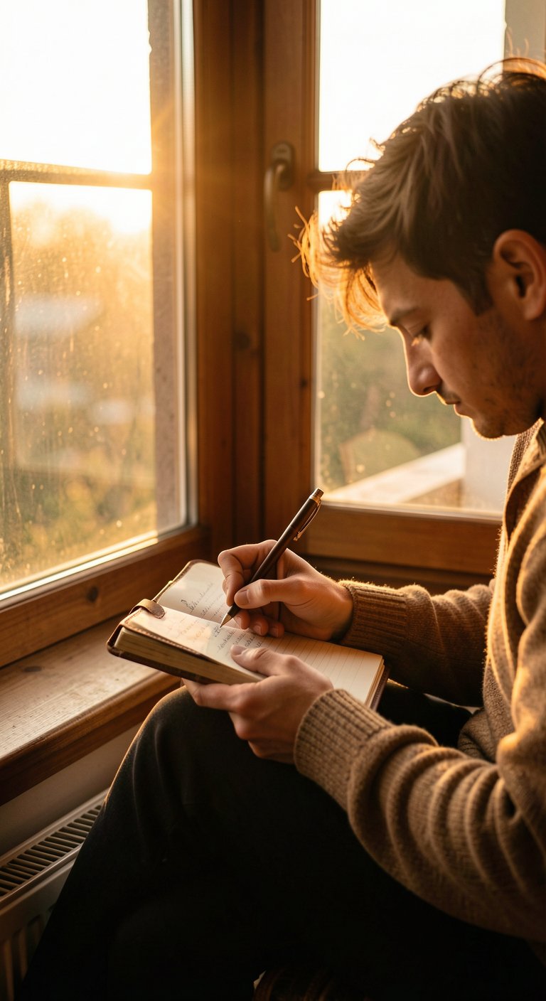 Stoic self worth practice — journaling in solitude at sunrise