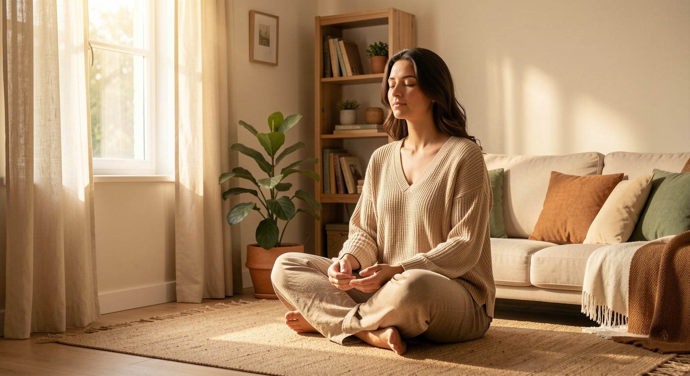 Calm meditative scene with warm earth tones for stoic anger management article