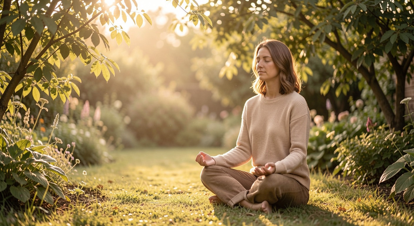 Serene garden meditation scene with warm earth tones for stoic anger management