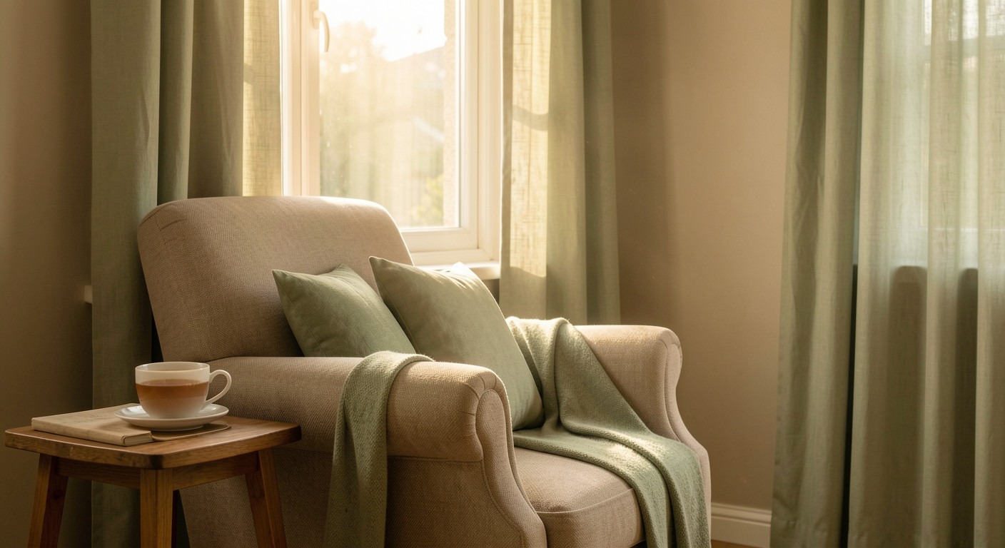 Quiet morning interior with armchair by sunlit window for stoic pause practice
