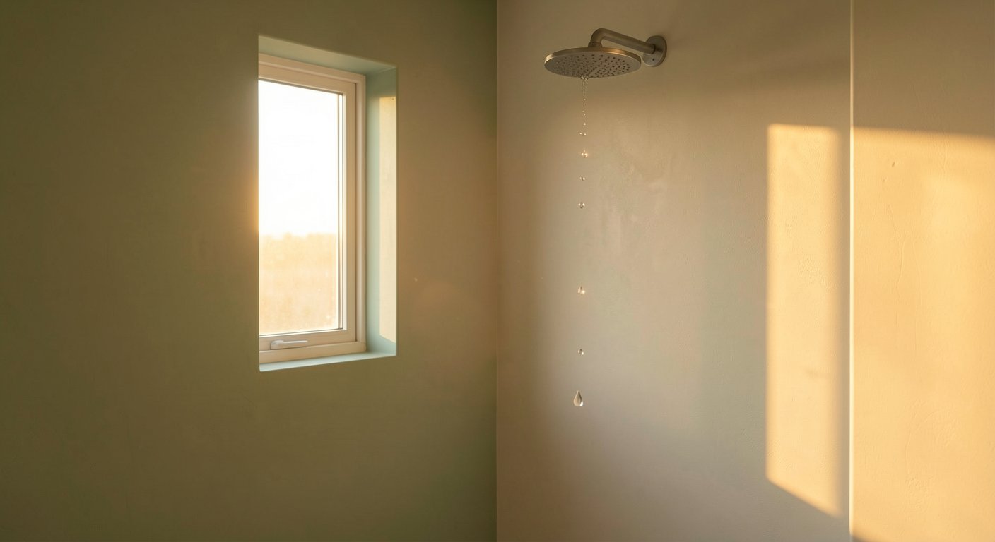 Calm minimalist bathroom at sunrise symbolizing Stoic voluntary discomfort practice